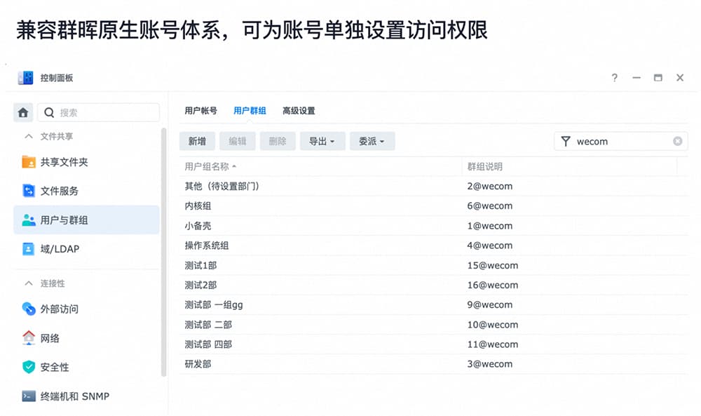 兼容群晖原生账号体系，可为账号单独设置访问权限